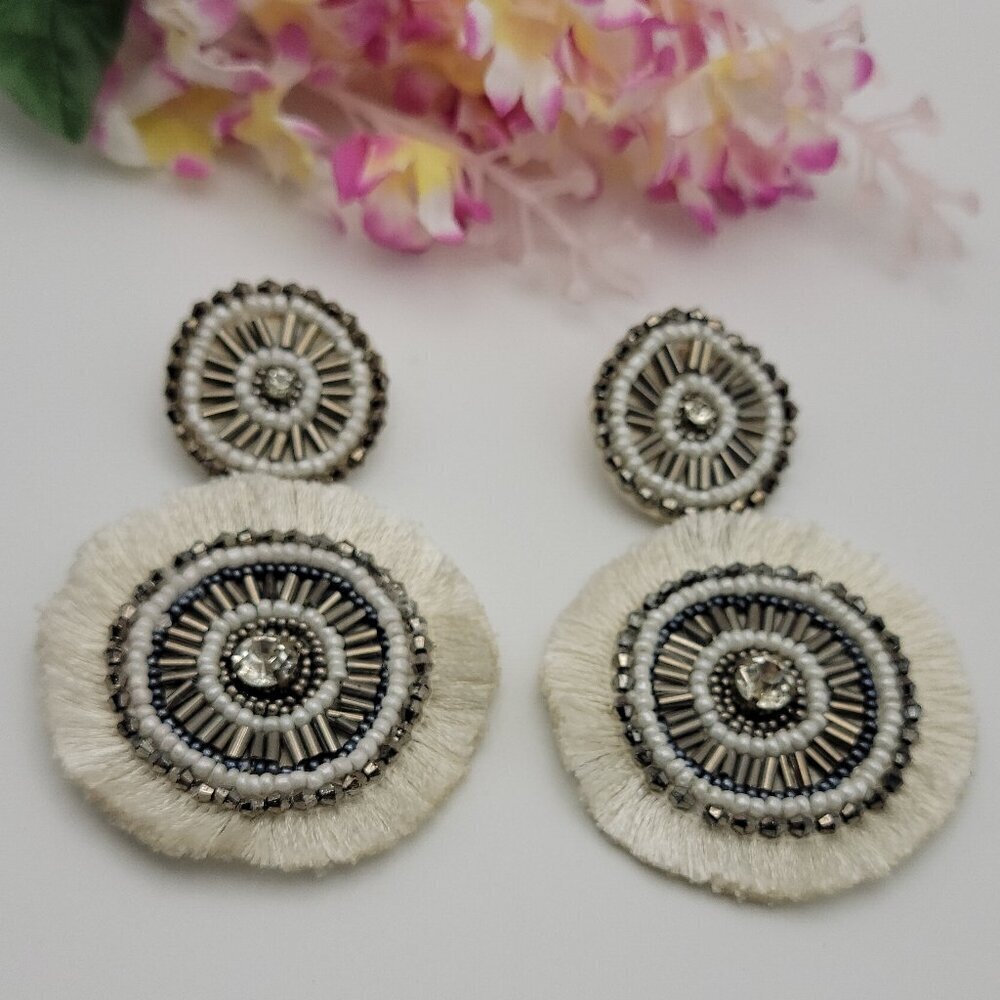 Double Circle Beaded Fringe Earrings White Crystal Sequin Faux Pearl 3.5 Inch